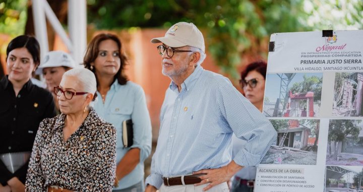 Miguel Ángel Navarro y Beatriz Estrada amplían mejoras en la primaria “Justo Sierra” de Villa Hidalgo.